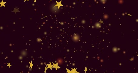 Wall Mural - animation of golden stars and glowing particles floating on dark red background
