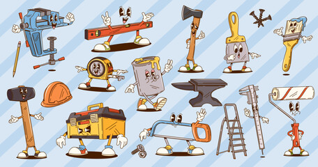 Leinwandbilder - Groovy repair, construction and DIY tools characters of cartoon retro hammer, builder toolbox, ruler, paint, brush and roller. Vector groovy axe, tape measure, bench vice and hacksaw tools characters