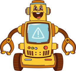 Aufkleber - Cartoon funny groovy robot and droid character with playful expression and friendly smiling face. Vector retro futuristic sci fi personage with mechanical claws and wheels exuding nostalgic y2k vibe