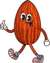 Poster - Cartoon groovy almond nut character showing a thumbs up. Isolated vector joyful and healthy y2k food personage spread hippie y2k energy in retro sneakers, showcasing funky and upbeat hippie vibe