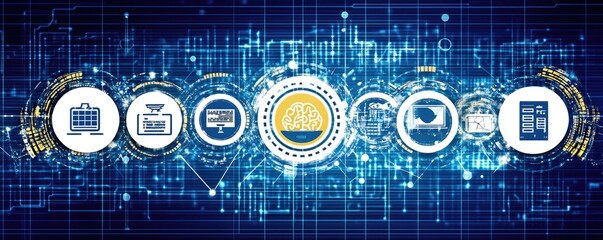 Digital icons networking, data flowing, technology design, blue, modern background