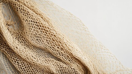 A minimalist photo of a handwoven fishing net styled on a neutral background. background