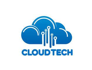 Leinwandbilder - Cloud technology icon with circuit connections emerging from the base, representing cloud computing and technology, symbolizing innovation in cloud services. Vector blue, futuristic and digital emblem