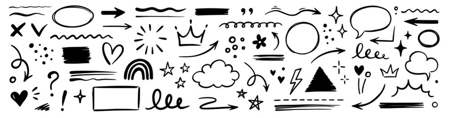 Fototapete - Line hand drawn brush marker underline, highlight, star element set. Hand drawn sketch marker underline shape, arrow, star scribble brush pen stroke icon highlight element. Vector illustration.