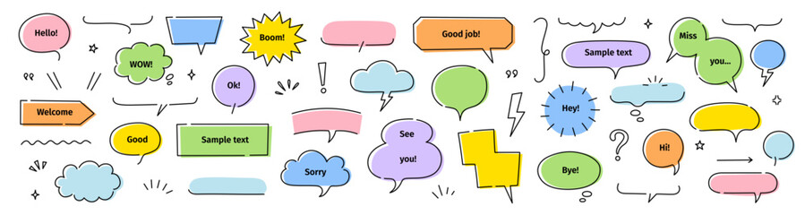 Poster - Line frame text speech bubble set. Line balloon frame design talk speech bubble frame. Comic japan style design background text dialog balloon, simple doodle cloud, box border. Vector illustration