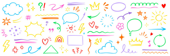 Aufkleber - Line hand drawn brush marker arrow, heart, crown element set. Hand drawn sketch marker underline kid color shape, arrow, star scribble brush pen stroke doodle graphic icon. Vector illustration
