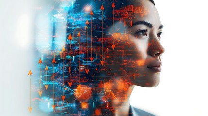 Woman's Profile Overlaid with Technology Data and Arrows Showing Data Flow and Progress
