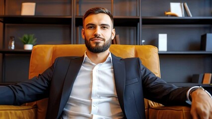 Wall Mural - a successful startup founder sitting confidently in a modern office space.