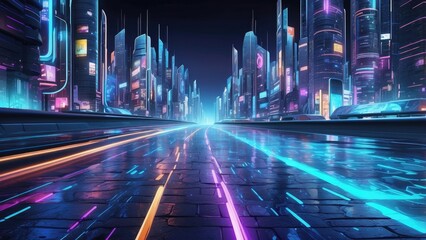 A futuristic, curving digital road composed of glowing blue binary code on a dark background