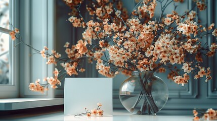 blank white note card, on side of bouquet of elegant dried flowers in a clear vase, near window  