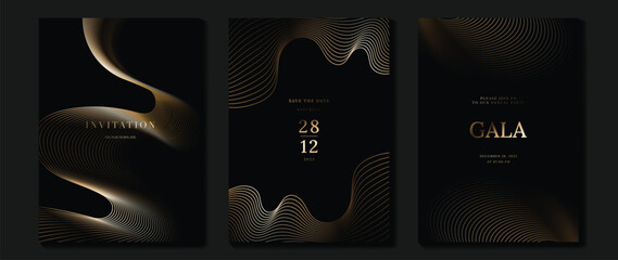 Aufkleber - Luxury invitation card background vector. Golden elegant wavy gold line pattern on black background. Premium design illustration for wedding, vip cover template, grand opening, flyer.