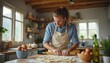 © natakot - A dedicated young man with long hair is skillfully rolling out dough on a wooden countertop in a sunlit kitchen. Surrounded by fresh ingredients and a warm atmosphere, he embodies the joy of cooking