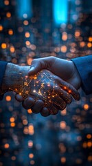 digital handshake concept with glowing circuitry and abstract technology background
