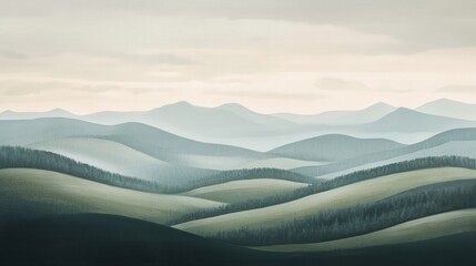 Wall Mural - a serene landscape featuring rolling hills and distant mountains, enveloped in soft, muted colors th