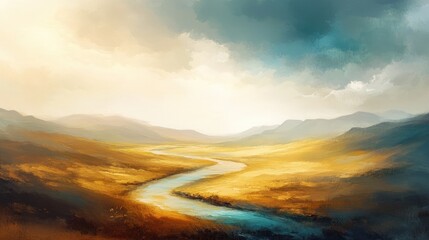 Wall Mural - a serene landscape painting featuring a winding river surrounded by golden fields and distant mounta