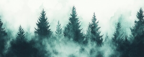 Wall Mural - a serene watercolor depiction of tall evergreen trees shrouded in mist, creating a mysterious and tr