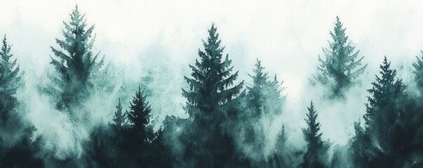 Wall Mural - a serene watercolor depiction of a misty forest, featuring tall evergreen trees shrouded in ethereal