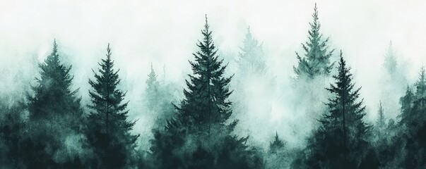 Wall Mural - serene forest scene with tall evergreen trees shrouded in mist, creating a mysterious and tranquil a