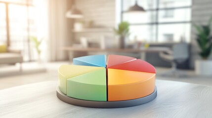 Fototapete - A D pie chart with a smooth finish, showcasing colorful segments representing customer demographics, displayed against a soft-focus office backdrop for context.