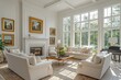 © JIALU - Elegant New England living room with white walls, large windows, plush cream sofas, gold picture frames, and cozy fireplace creating a warm, inviting luxury atmosphere