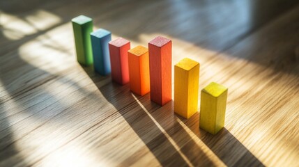 Fototapete - A clear and concise business bar graph showing comparative data between competitors, featuring vibrant colors and shadows, placed on a light wooden table for emphasis.