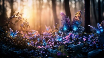 Poster - Enchanting butterflies in a mystical forest nature fantasy art sunrise close-up serenity and magic