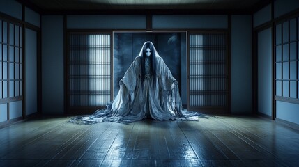 Poster - Mysterious spirit encounter traditional japanese home digital art indoor scene front view haunting aesthetic