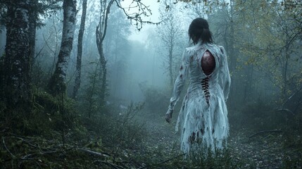 Wall Mural - Ghostly encounter in a misty forest clearing at dawn haunting atmosphere ethereal landscape enigmatic view