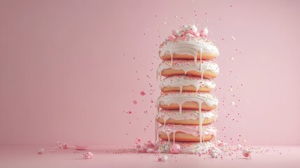 Leinwandbilder - A creative composition of a donut tower stacked high, with sprinkles and icing dripping down the sides, creating a playful and indulgent dessert display.