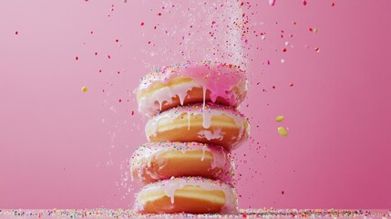 Leinwandbilder - A creative composition of a donut tower stacked high, with sprinkles and icing dripping down the sides, creating a playful and indulgent dessert display.