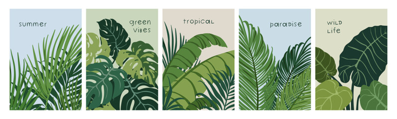 Leinwandbilder - Tropical leaf poster. Exotic leaves, nature card designs. Green foliage, organic jungle and rainforest plants, botanical banner, vertical leafy backgrounds set. Flat graphic vector illustration