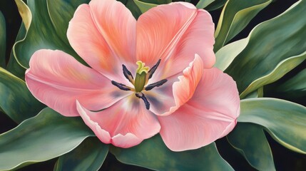 Aufkleber - A delicate pink tulip with glistening droplets on its petals, surrounded by lush green leaves, creating a fresh and vibrant springtime atmosphere.