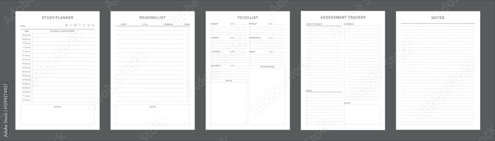 Study Planning Pages Planner Sheet Design Template Set of 5 pages for ...