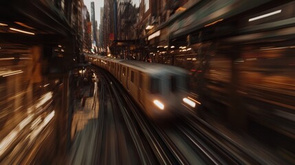 Aufkleber - A dynamic shot of an electric train in motion, capturing the movement blur as it travels along elevated tracks in a bustling city setting.