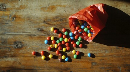 Leinwandbilder - A playful layout of rainbow-colored candies scattered on a wooden table, with a few candies spilling out of a small bag, creating a fun and inviting atmosphere.