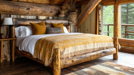 Aufkleber - A rustic wooden bed frame with soft linens and a handmade blanket, placed in a cozy cabin setting with exposed beams and warm, earthy tones.
