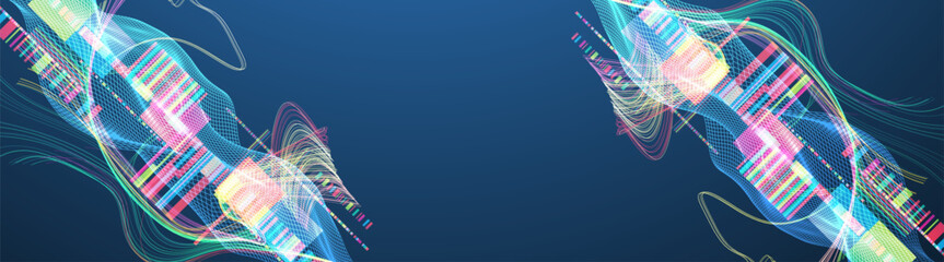 Fototapete - Abstract data waveform background with dynamic lines, grids, and color bars. Vector illustration.