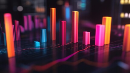 Aufkleber - A vibrant D bar graph with colorful bars rising at various heights, displayed on a sleek dark background, showcasing data visualization in a modern business context.