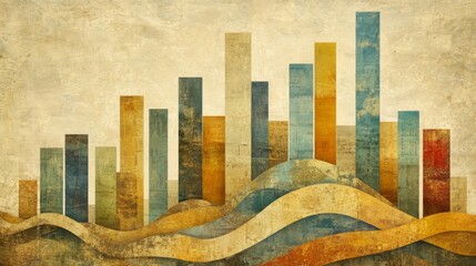Fototapete - A visually engaging business bar graph with bars in varying heights, arranged in a wave pattern, symbolizing market trends, displayed on a textured background.
