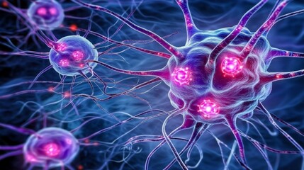 Fototapete - A visually striking D rendering of a human brain with glowing synapses and neural connections, set against a gradient background to emphasize its dynamic activity.