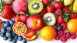 © MasTPX - A vibrant collection of fresh fruits including strawberries, raspberries, blueberries, kiwi, peaches, oranges, and passion fruit arranged on a white background for a healthy and