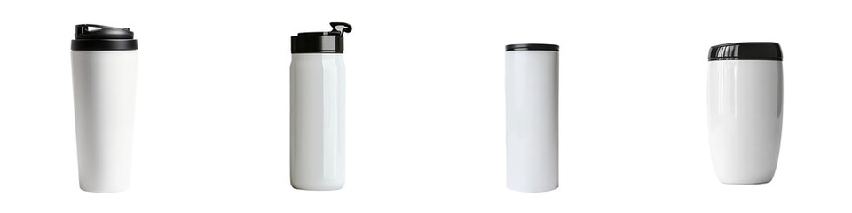 Poster - Minimalist mockups of white insulated beverage containers showcasing sleek designs for creative presentations