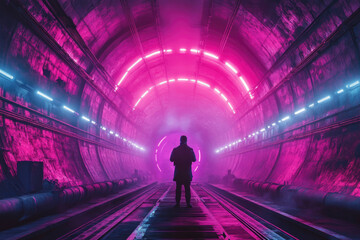 Poster - A lone figure stands in a futuristic tunnel illuminated with vibrant pink and blue neon lights, creating a surreal atmosphere.