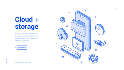Wall Mural - cloud storage smartphone multimedia personal content isometric web banner vector illustration. digit