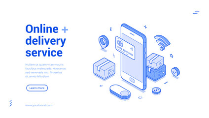 Wall Mural - online shopping delivery service smartphone payment app isometric web banner vector illustration. in