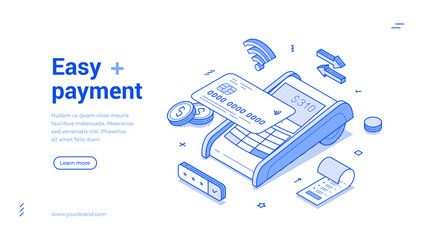 Wall Mural - easy payment banking card pos terminal shopping transaction isometric web banner vector illustration