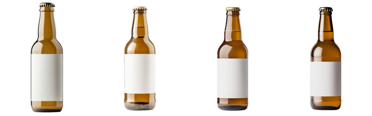 Aufkleber - Minimalist mockups showcasing four isolated brown beer bottles with blank labels on a white background for design purposes