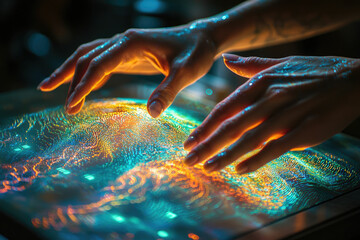 Poster - Hands interact with a shimmering, colorful, digital surface, creating a captivating futuristic and artistic display.