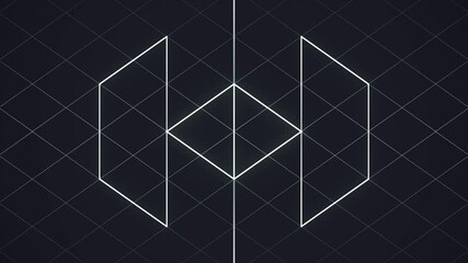 Fototapete - Abstract seamless loop animation in which thin, glowing lines create a dynamic pattern on a dark background. The figures transform, creating an effect of movement and depth. 3d rendering 4K