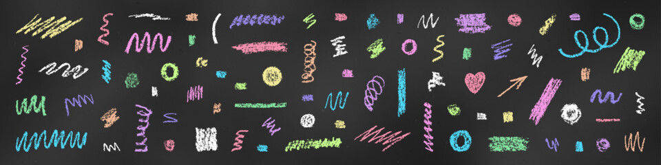 Wall Mural - Realistic Chalk Drawn Sketch. Set of Design Elements Small Scribbles Isolated on Chalkboard Backdrop.